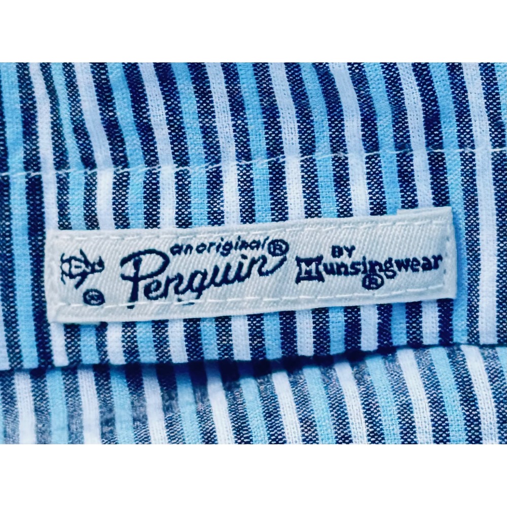 Original Penguin Mens Blue White Striped Short Sleeve Button Down Shirt Medium - Picture 8 of 9